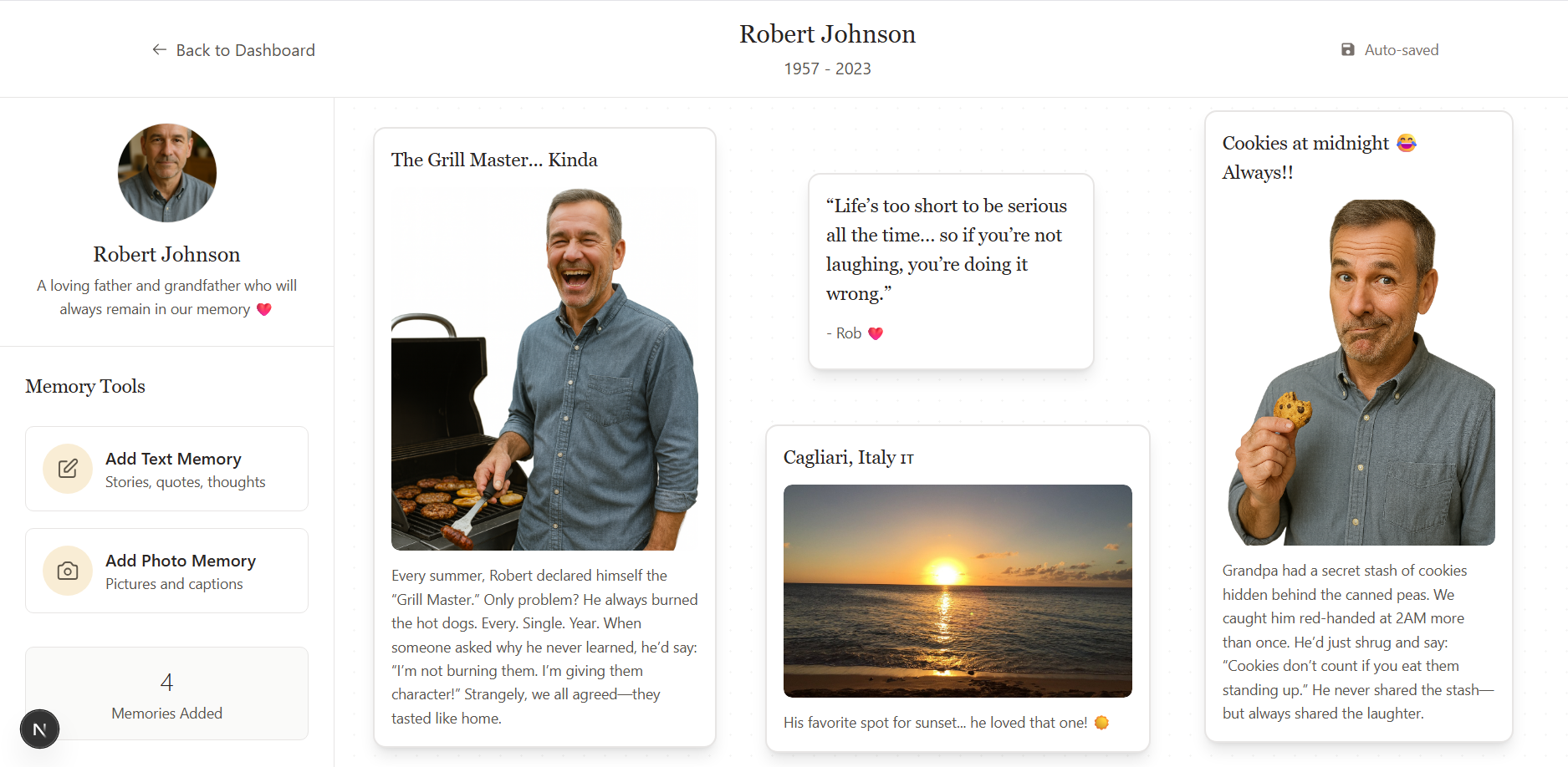 Memorial dashboard example showing Robert Johnson's memorial with photos and memories